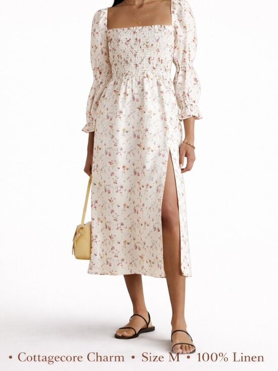 Reformation Dresses & Skirts - Reformation Hyland Linen Midi Dress Floral Smocked Puff Cottagecore Size M